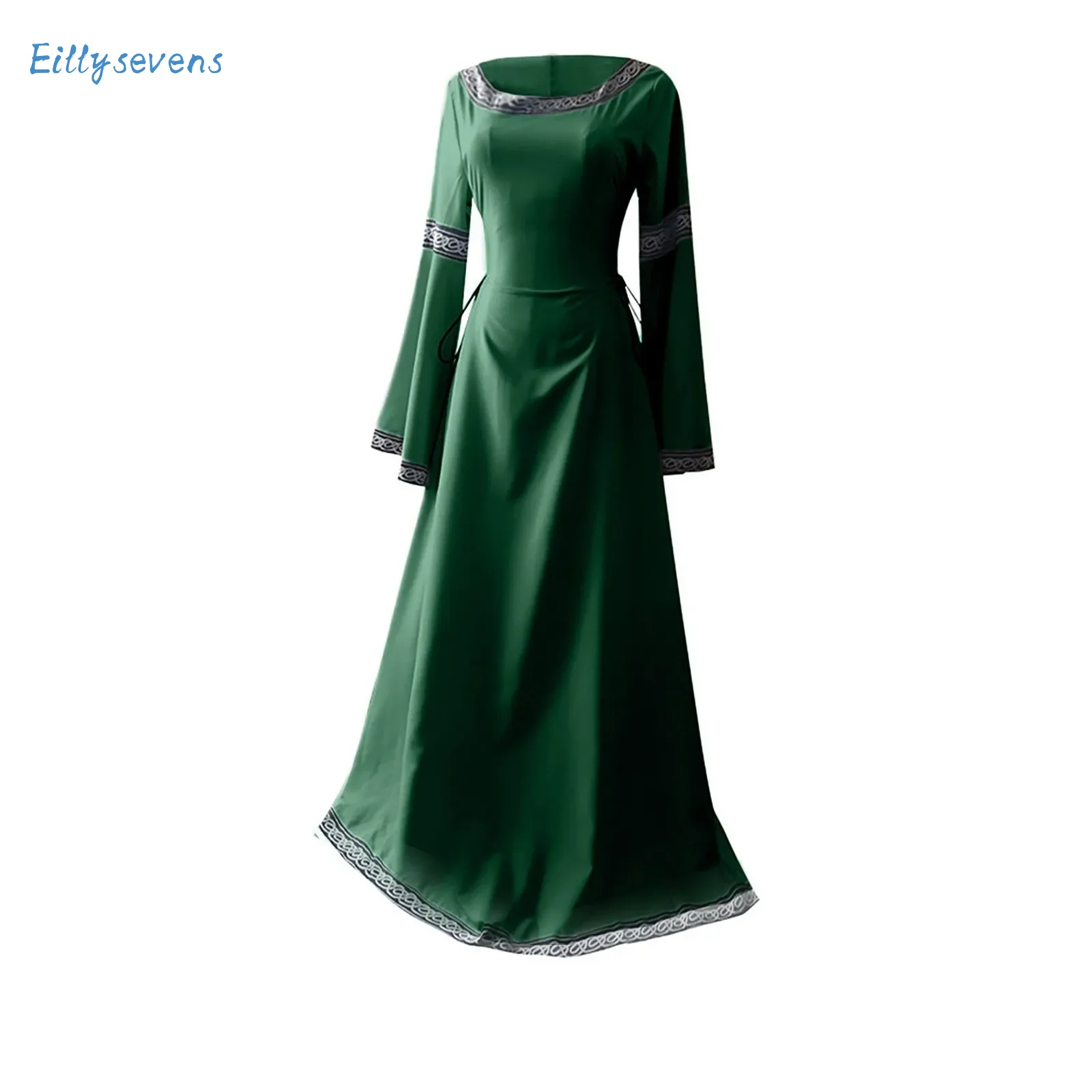 Women Maxi Dresses Solid Color Splicing Retro Pattern Drawstring Waist Dress Irregular Long Sleeve Cosplay Big Hem Dress