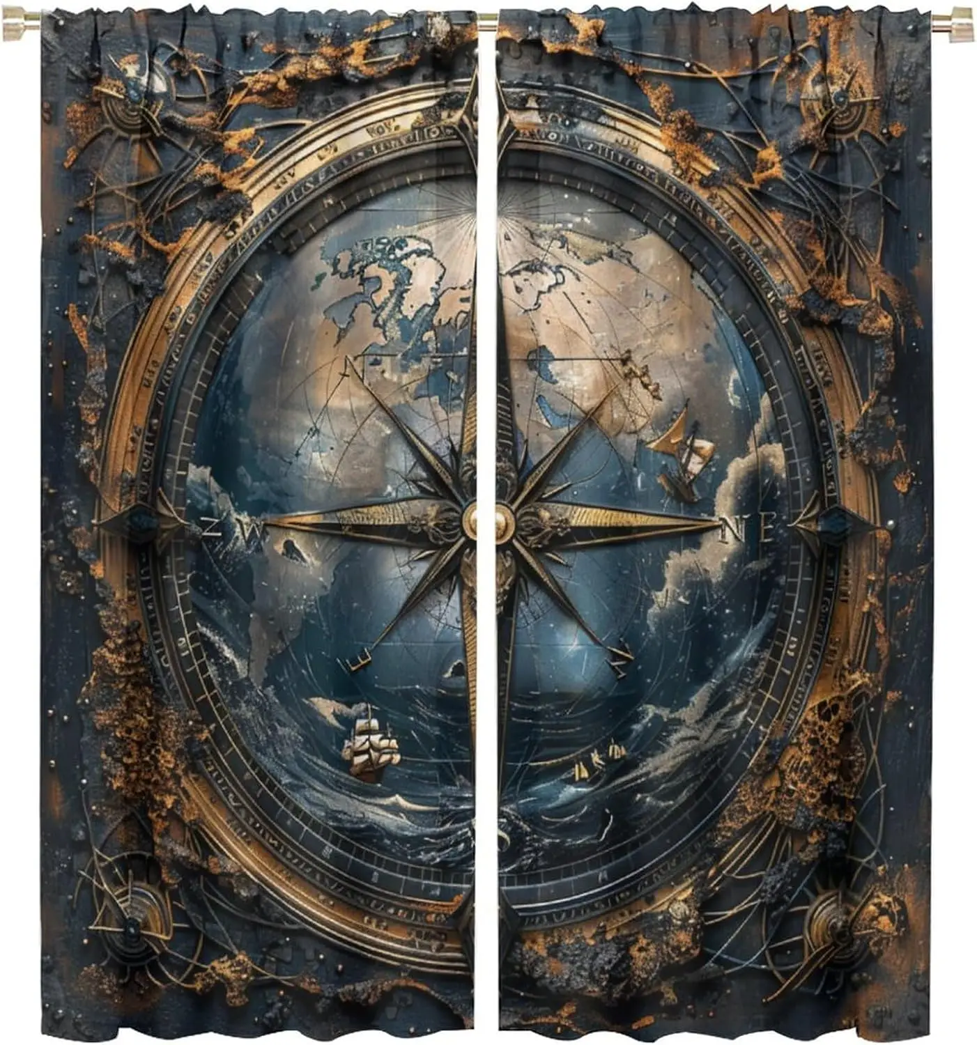 Retro Nautical Map Blackout Curtains for Bedroom Living Room, Vintage Compass Antique Ocean Thermal Insulated Curtains Rod