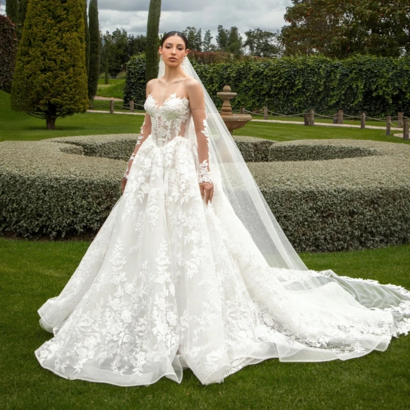 

Luxury White Dubai Arabic Mermaid Wedding Dresses Applique Lace Beading Tull A-Line Court Train Wedding Dress Bridal Gowns