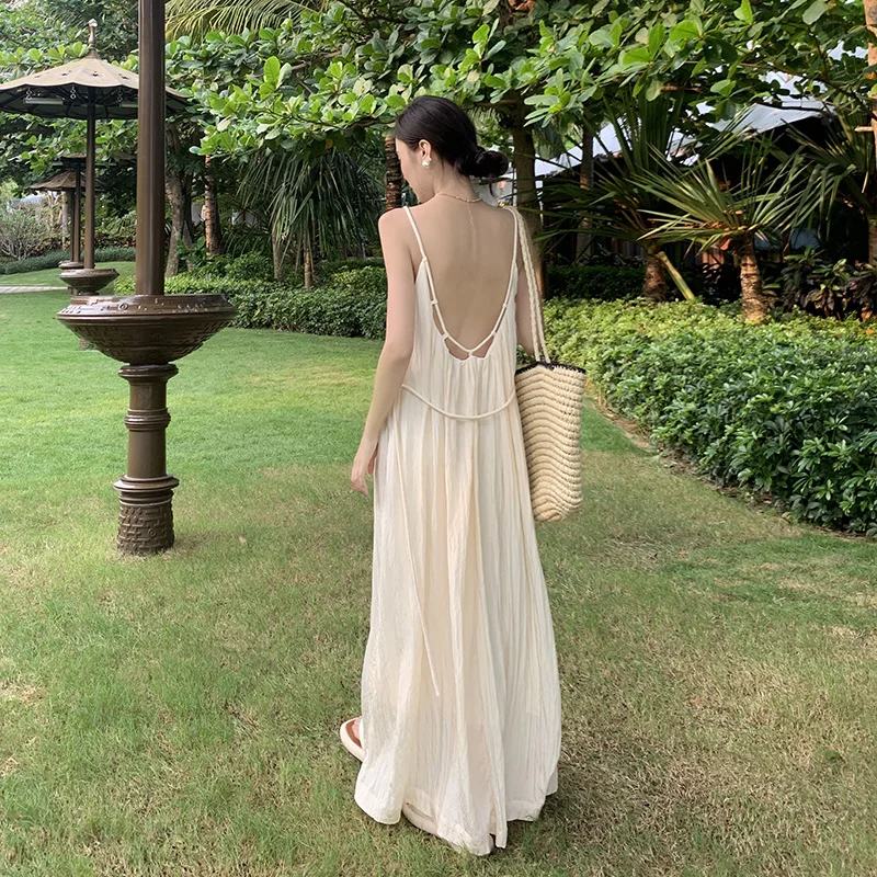 Sanya Seaside Bana Vacation Beach Skirt Travel Wear Open Collarbone Loose Backless Long Sling Dress Women