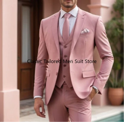 

New Pink Business Suit Men Tuxedos Groom Groomsman Prom Wedding Party Formal 3 Piece Set Jacket Vest Pants