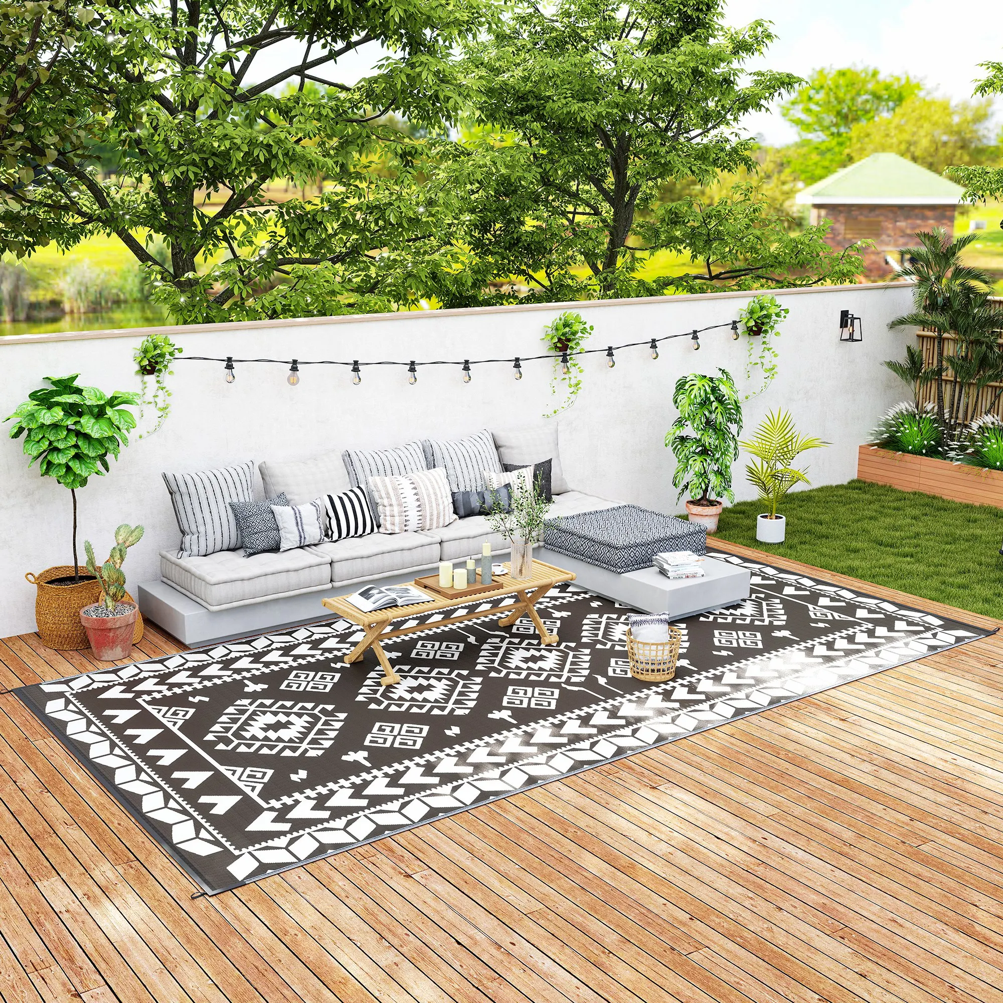 

Reversible Outdoor Rug, Waterproof Plastic Straw with Carry Bag, 9' x 18', Black & White Rhombus Patchwork