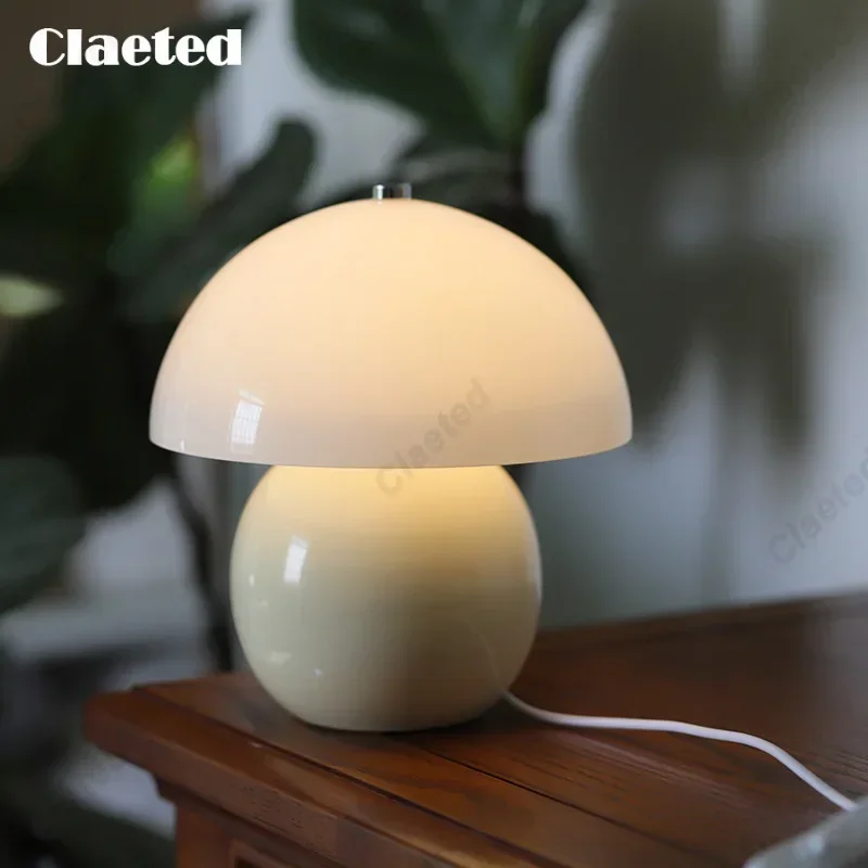 Glass Mushroom Table Lamp Bedside Bedroom Decoration Restaurant Hotel Retro Ceramic Ball Bottom Desk Display Lamp Night Light