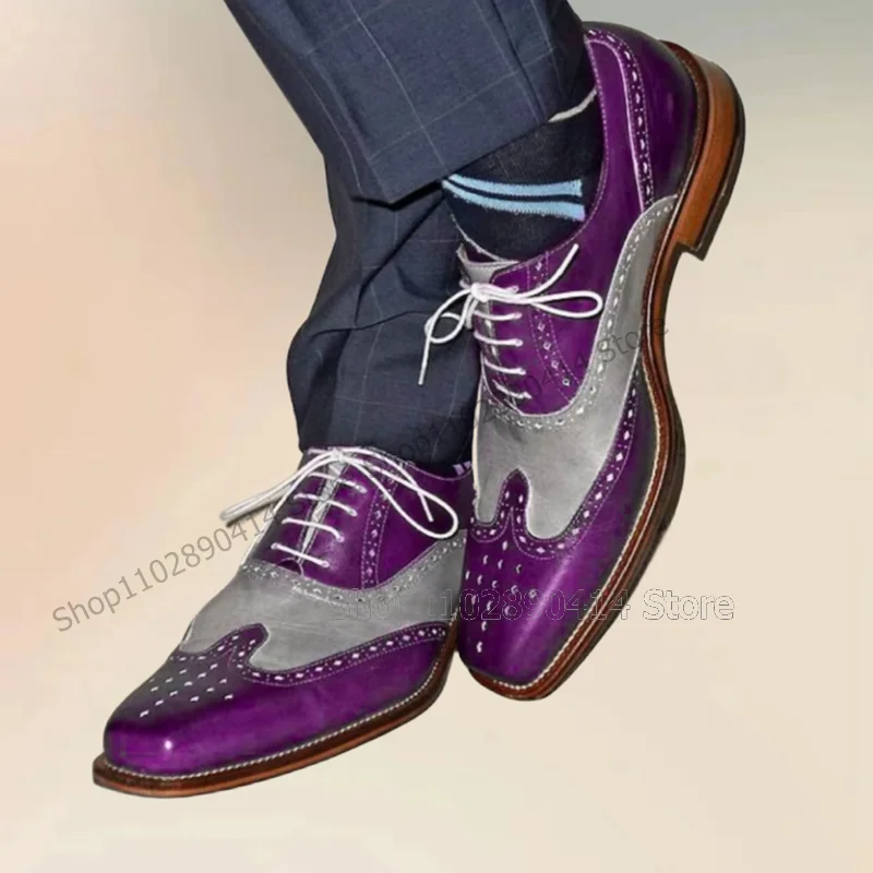 

Purple Gray Carving Design Cross Tied Men Derby Shoes Fashion Lace Up Men Shoes Luxurious Handmade Party Banquet Men Dress Shoes