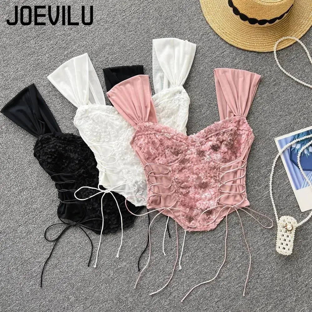 Flower Lace Tank Top Babes Boho Fish Bone Crop Top Sexy Inner Strap Women\'s Summer French Tube Tops Y2k Cute Clothes Pink Corset