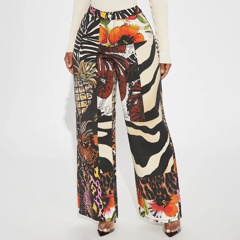 

СТИЛЬНЫЕ женские широкие брюки с цветочным принтом и леопардовым принтом, лето 202, женские повседневные свободные брюки миди с талией в стиле хип-хоп, брюки
