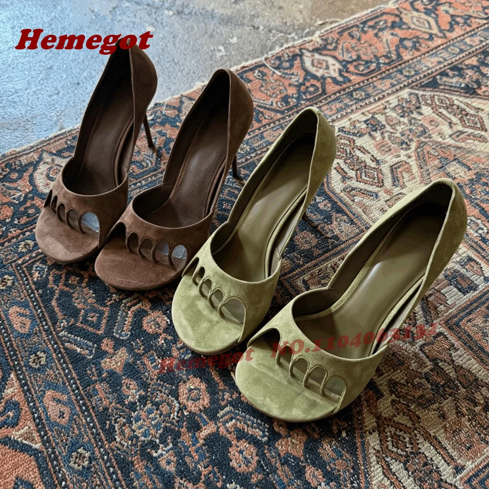 Braune Fünf-Finger-Hohlsaum-Pumps aus Wildleder mit seitlicher Luftzufuhr, flache Damenpumps, Stiletto High Heels, Sommer-Runway-Schuhe 2026 Neu Sexy