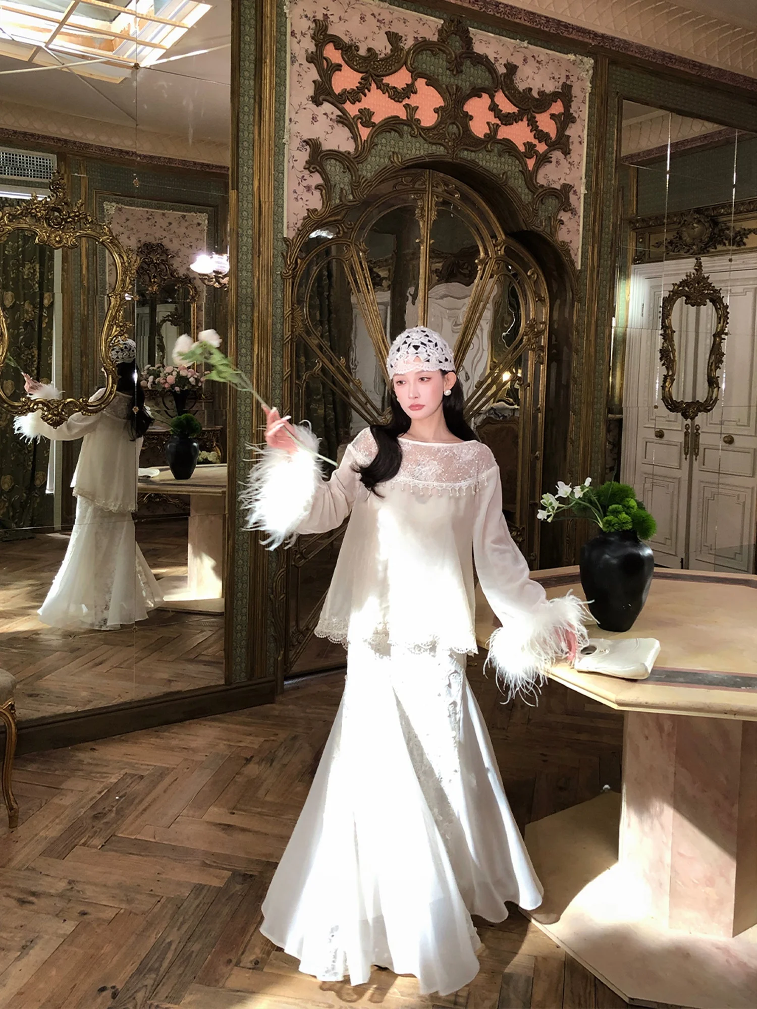 

Ele Spring Aosphere Original Design Ostrich Feather Top Lace f Skirt Ensemble Long Sve