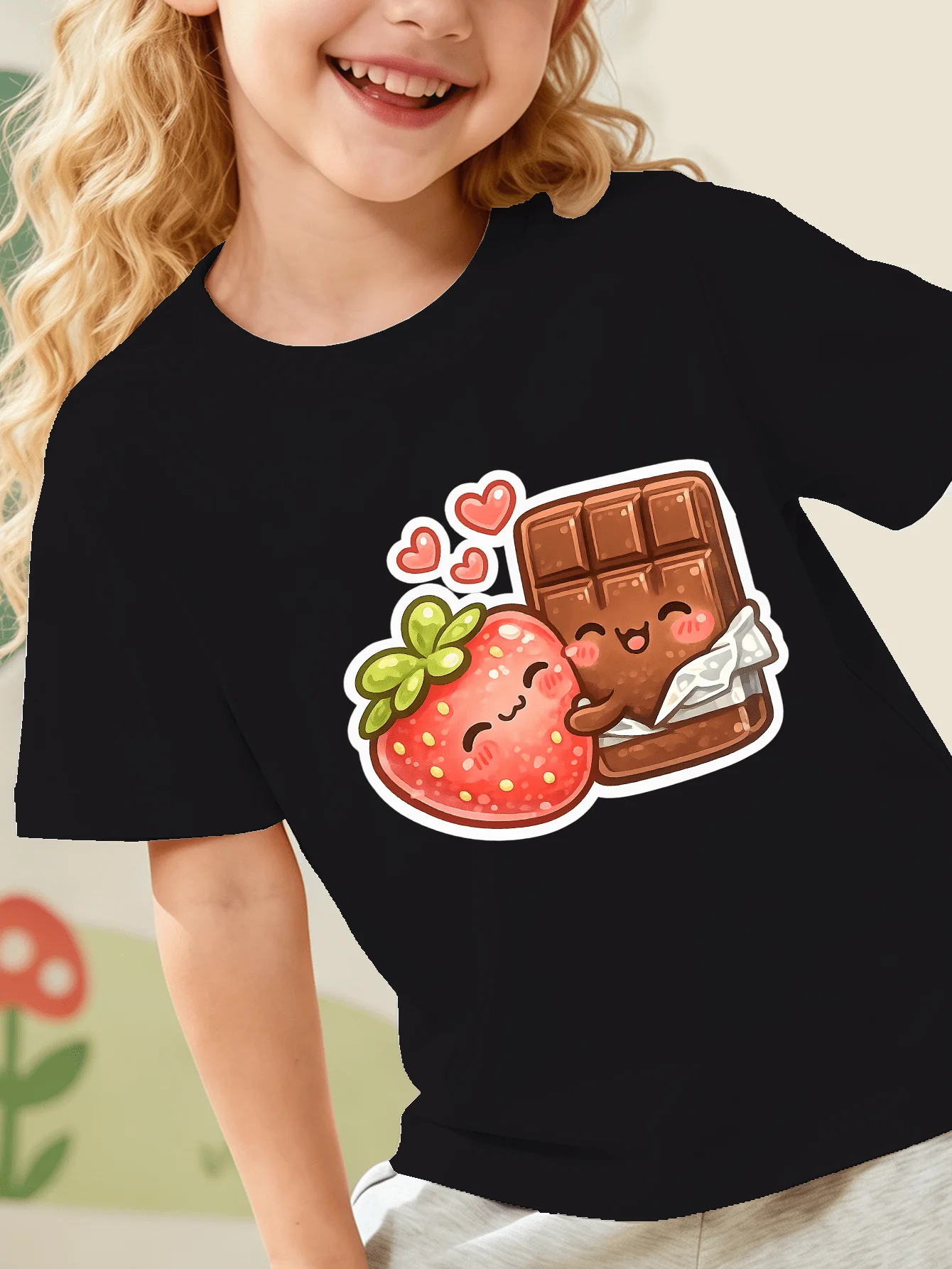 Lovely Smiling Strawberry Chocolate Sweet Food Cartoon Print Kids T Shirt Boys Girls Family Matching Summer Crew Neck Casual Tee