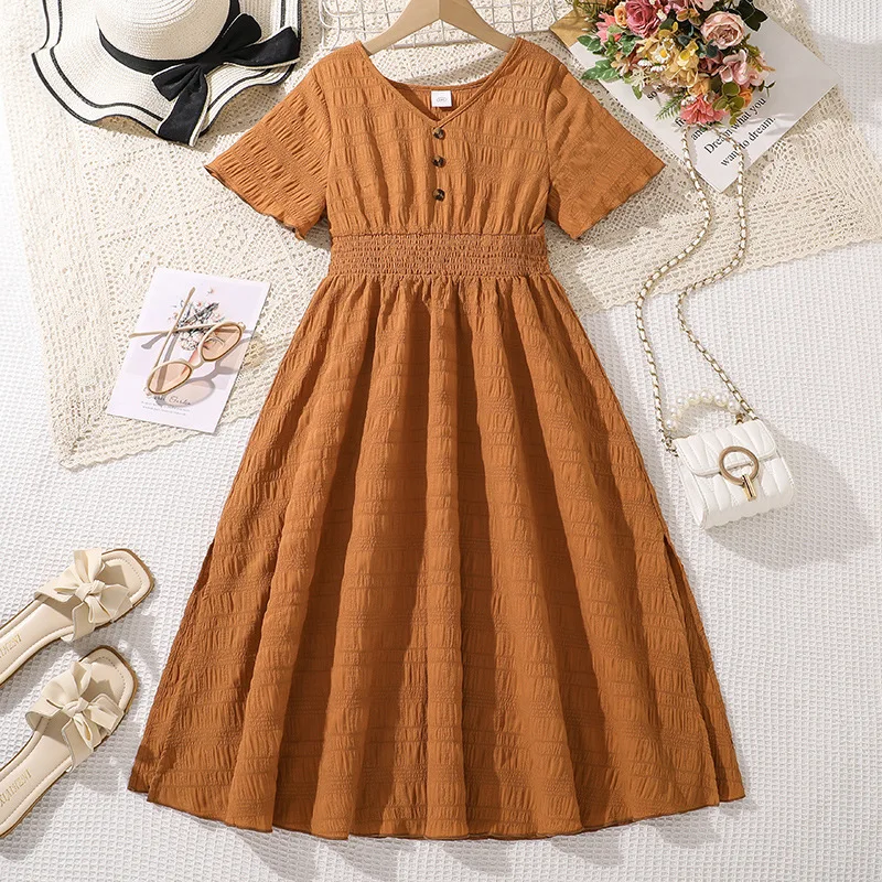 2024 New Arrival Girls Short Sleeve V Neck Brown Loose Roupa Infantil Menina Cute Party Dress Custume 8-12T