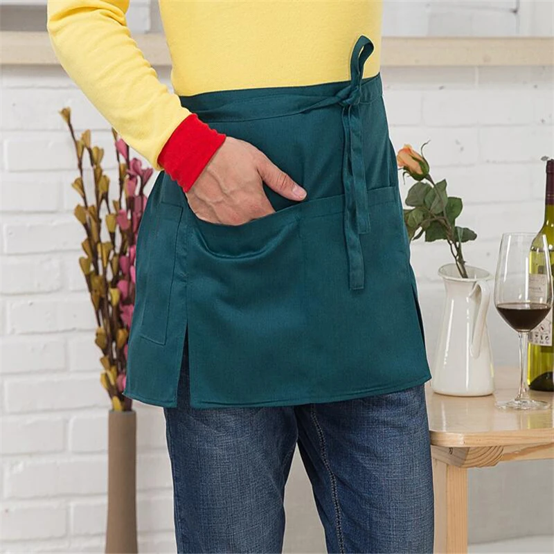 1PCS Half Short Waist Polyester Apron Waitress Waiter With Pocket Kitchen Cafe Pub Unisex