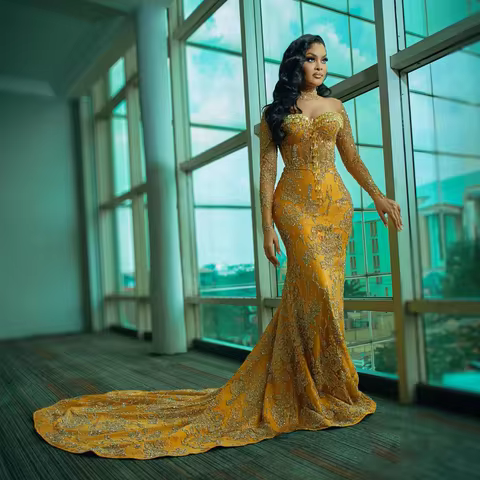 Gold Evening Dress Beads Sequin Lace Illusion Sheer Neckline Full Sleeves Long Formal Gowns Gorgeous Mermaid Evening Dresses