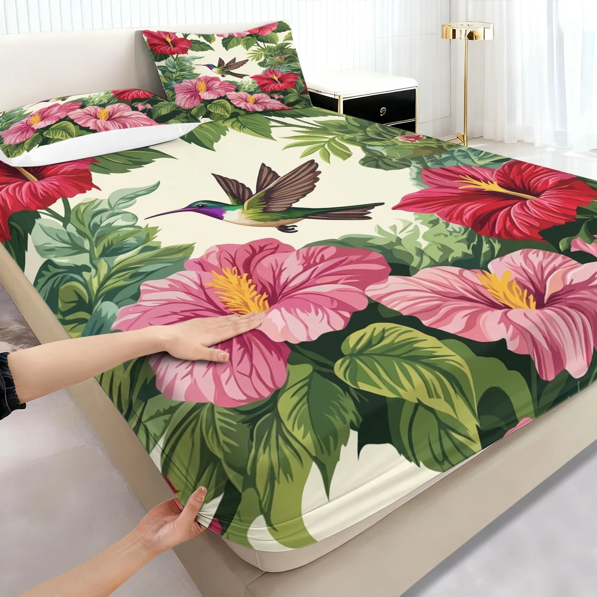 3PCS Tropical Hummingbird Hibiscus Fitted Sheet Set, Elastic Mattress Cover with Pillowcases, Floral Bedding for Bedroom Decor