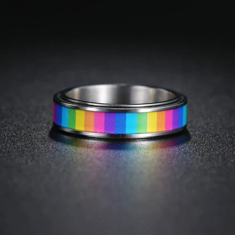 Rotating Pressure Reducing Stainless Steel Round Rainbow Rings For Women Men Couple Colorful Wedding Bands Engagement Jewelry