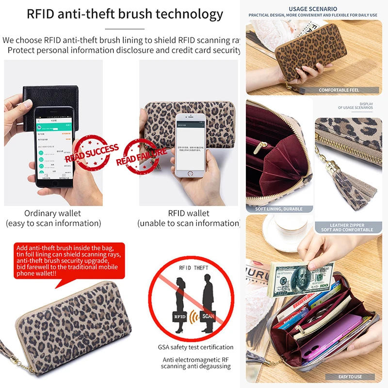 Women Money Bag High Quality Leopard Print Travel Clutch Purse Elegant Handbag for Ladies Girls Portable Long Wallet with Zipper