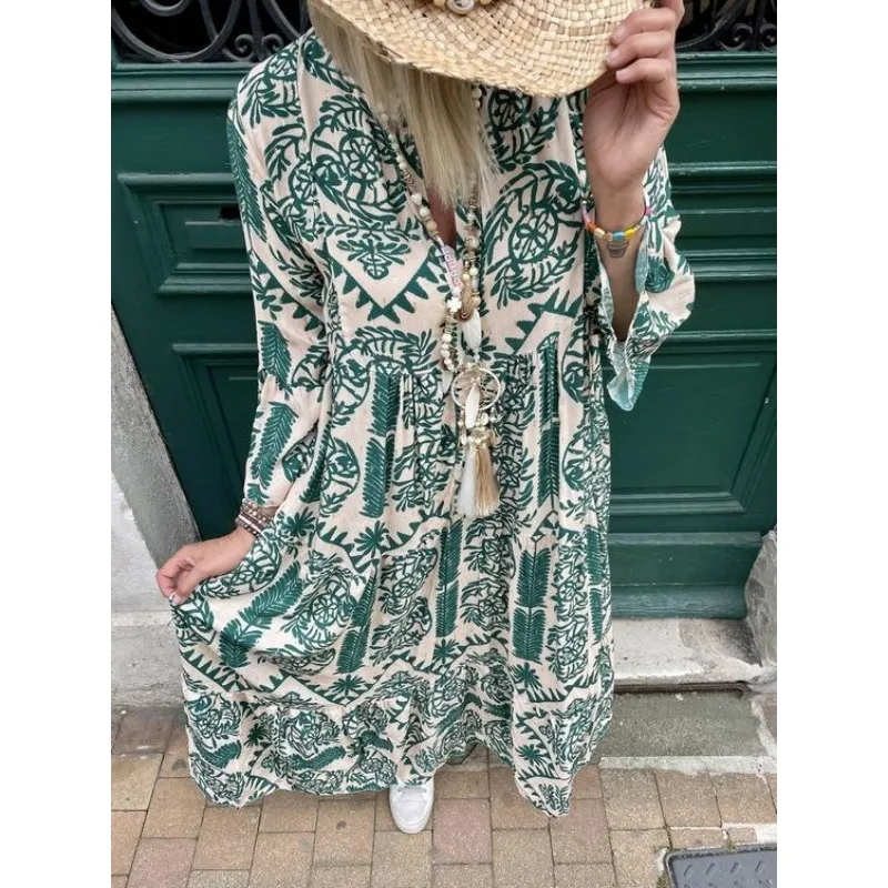 Women\'s Oversized Geometric Printed Pattern Loose Long Dress V-neck Street Casual Long Sleeved Loose Oversized Long Dress