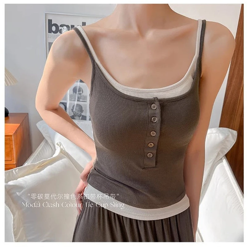 Summer Women Contrast Trim Fake Two-piece Camisole Button Decor Slim Fit Cropped Tank Top Padded Streetwear Vest A10125