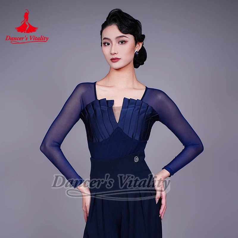 Female Adult Mesh Splicing Fashion Latin Ballroom Dance Training Tops Rumba Waltz Foxtrot Professional Practise Outfit Matching