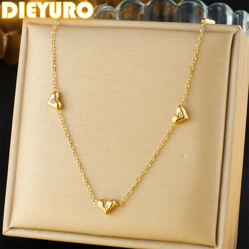 DIEYURO 316L Stainless Steel Fashion little Sun Peach Heart Zircon Necklace For Women Classic Trend Neck Chain Glamorous Gift