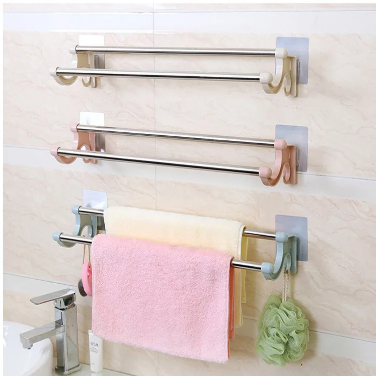 Non Punching Extended Bathroom Double Pole Wall Mounted Storage Rack Household Self-Adhesive Stainless Steel Towel Rack Organize