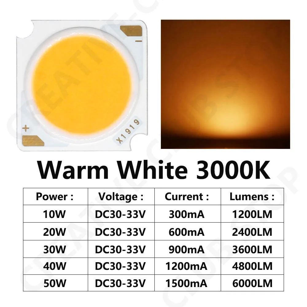 Imagem -02 - Led Cob Chip Diodo Emissor de Luz Importado Bridgelux Chip de Cristal Dc3033v Faça Você Mesmo Downlight Painel Luz 10 Peças 1919 10w 20 30 40