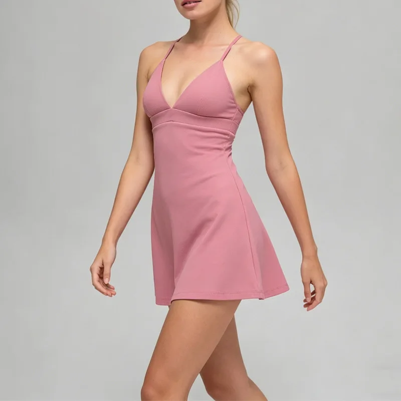 Women Cross Back Tennis Dress Built-in Shorts Sleeveless Athletic Dress Summer Fitness Golf Workout Sport Mini Dress Activewear