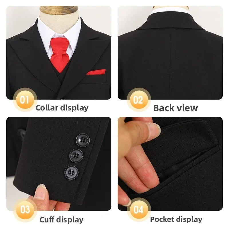 Boys Suit Set Kids Solid Color Formal Blazer Pants Bow Tie Teen Children Wedding Flower Boy Piano Host Performance Outfit 2-14Y