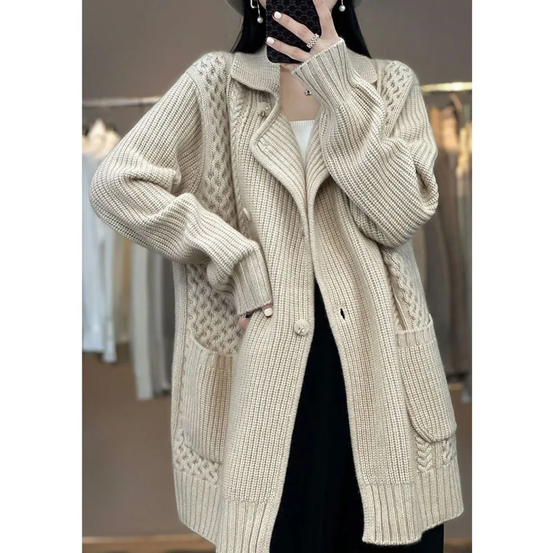 

Thicken Midi Cardigans Sweater Women Clothing Korean All-match Temperament Casual Lazy Wind Knitted Ingle-breasted Sashes Coat