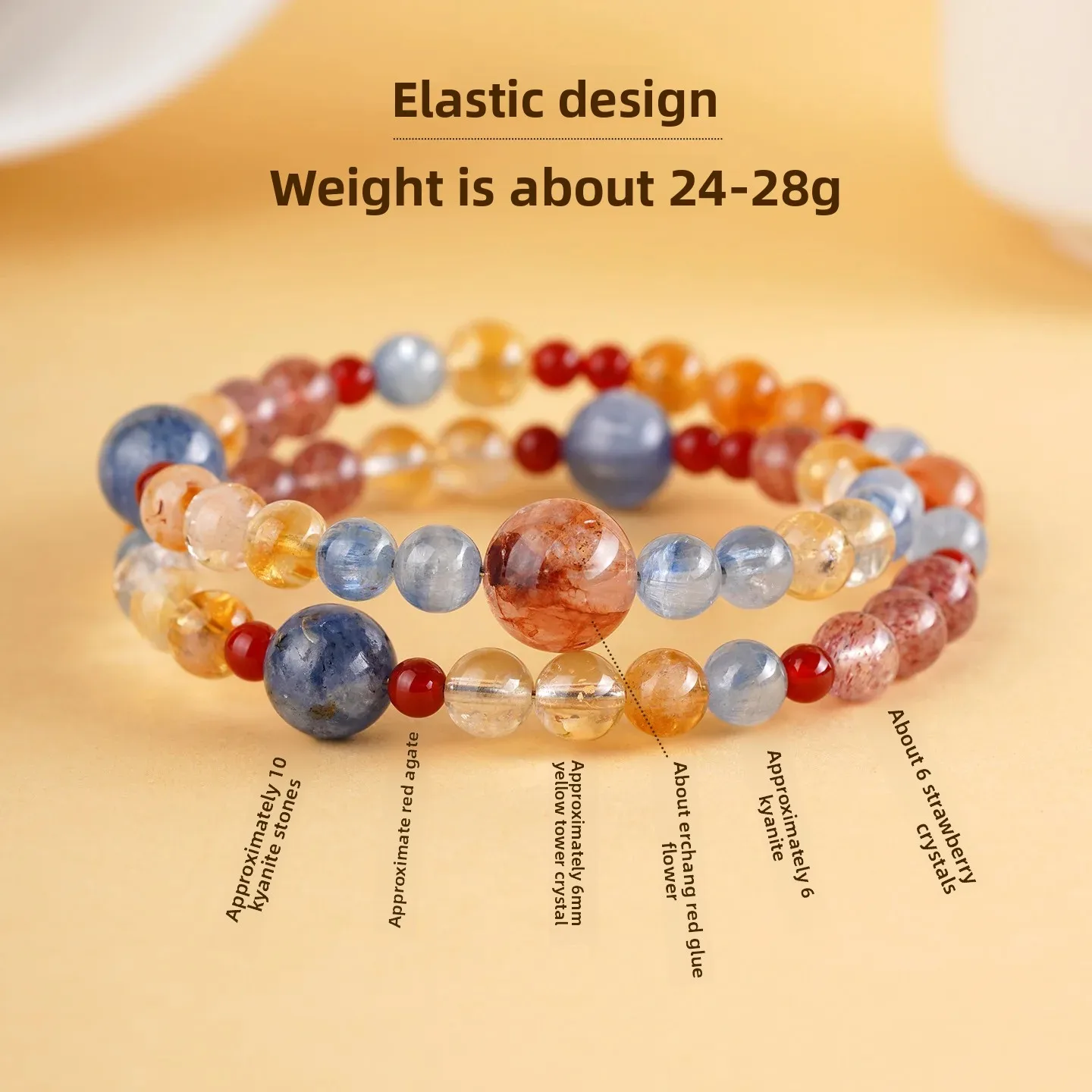 Natural Duobao Kyanite Yellow Tower Crystal Double Circle Bracelet Strawberry Crystal Red Gum Flower Color Ladies Ins HandString