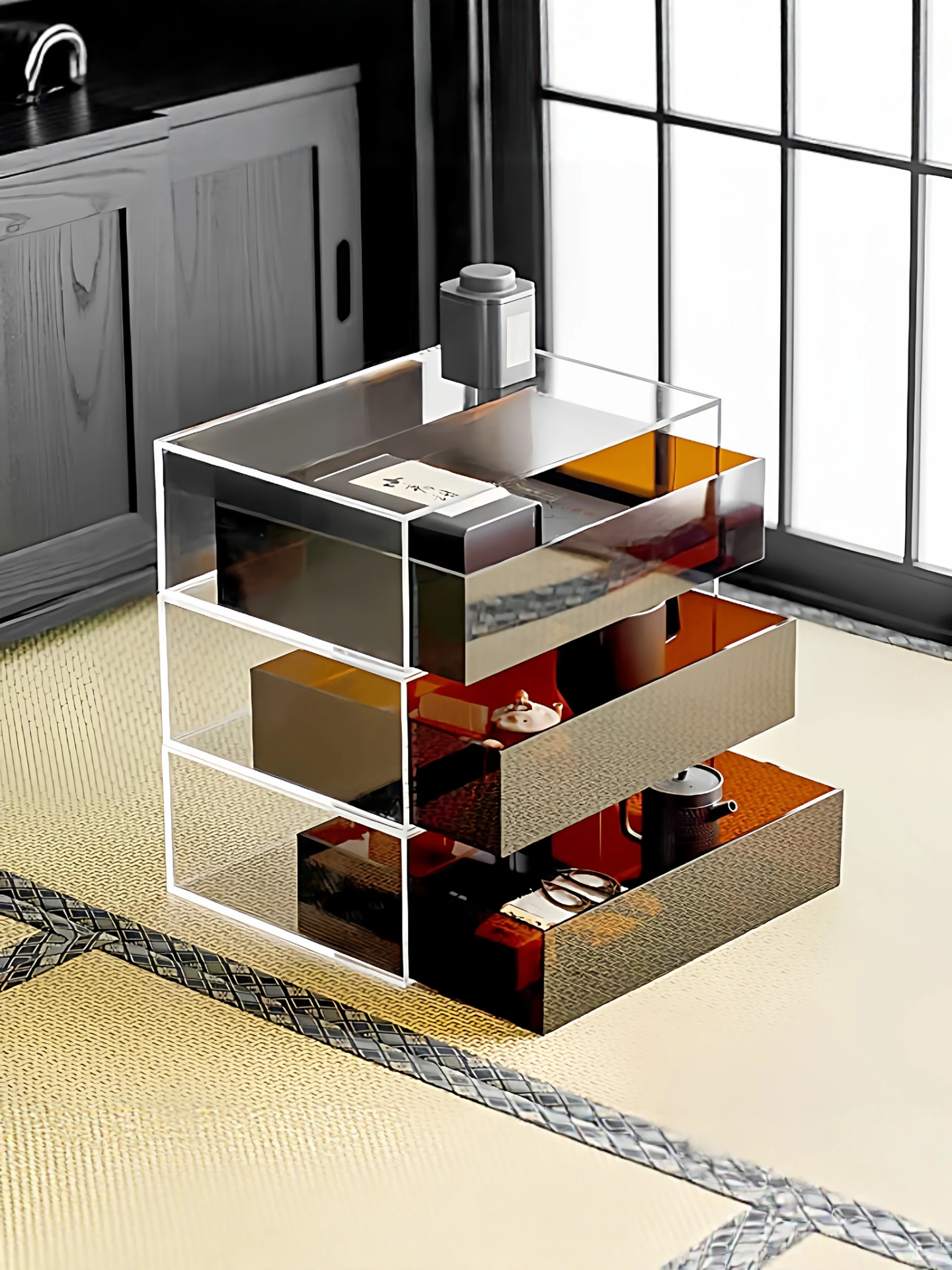 Acrylic tea set drawer storage box teacup teapot tea set display rack with drawer cup dust rack