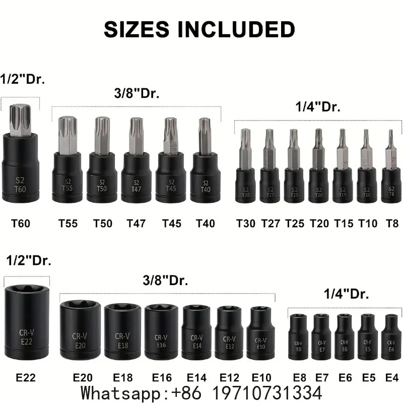 25Pcs Torx Bit & Socket Set, 13 Star Bits (T8- T60) & 12 E-Torx Sockets (E4-E22), Professional Auto & Motorcycle Mechanic Set