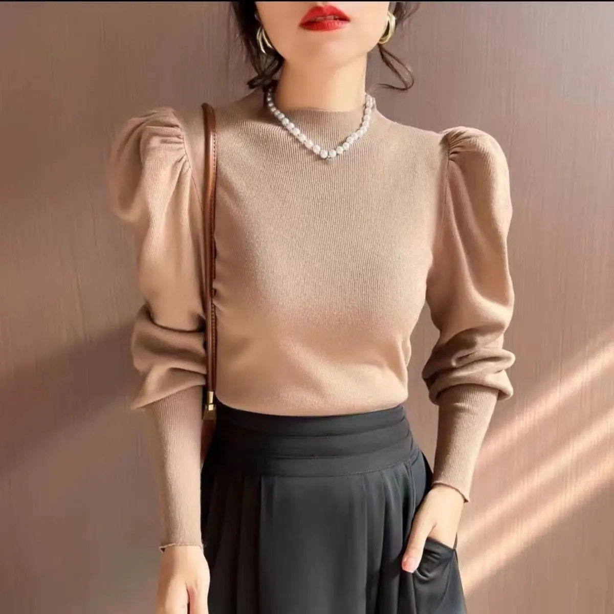 2024 Autumn/Winter New Lantern Sleeve Mid Neck Knitted Shirt Women's Bottom Shirt Pullover Top