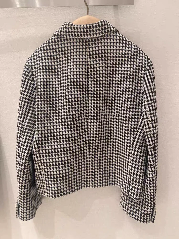 New Ladies' Single-Row Pearl Button Plaid Suit Jacket Turn-down Collar Winter Fashion Short Outerwear Polyester Fiber