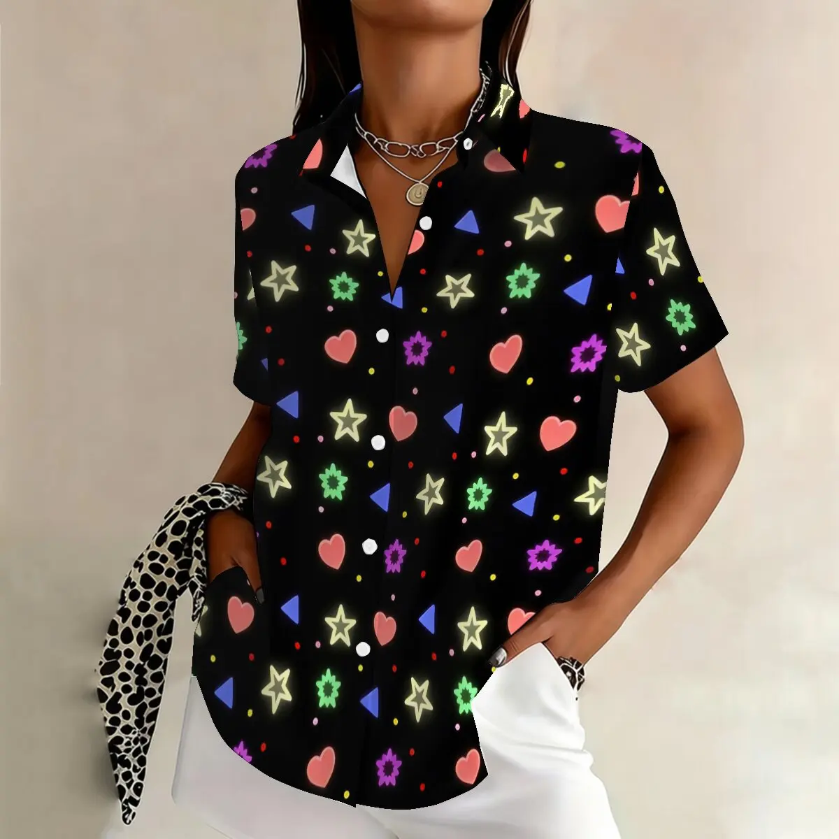 

Simple and personalized starry sky print summer women's plus size lapel short sleeved shirt fashionable daily versatile top
