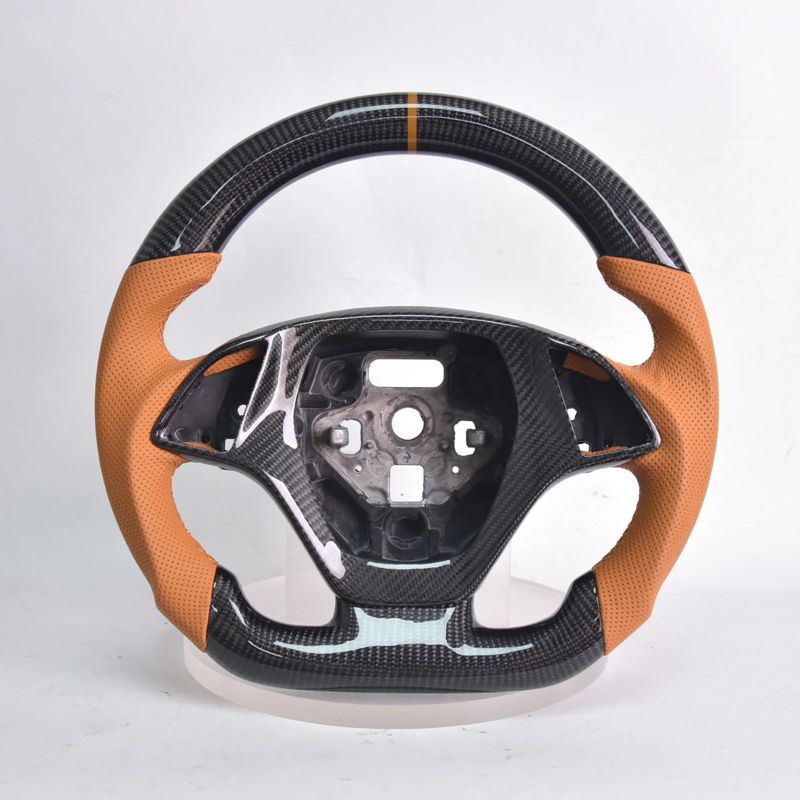 . Fiber Steering Wheel for Chevrolet Corvette C7 2014-2018, D-Shape Flat Bottom Nappa Perforated Leather Grip with Trim