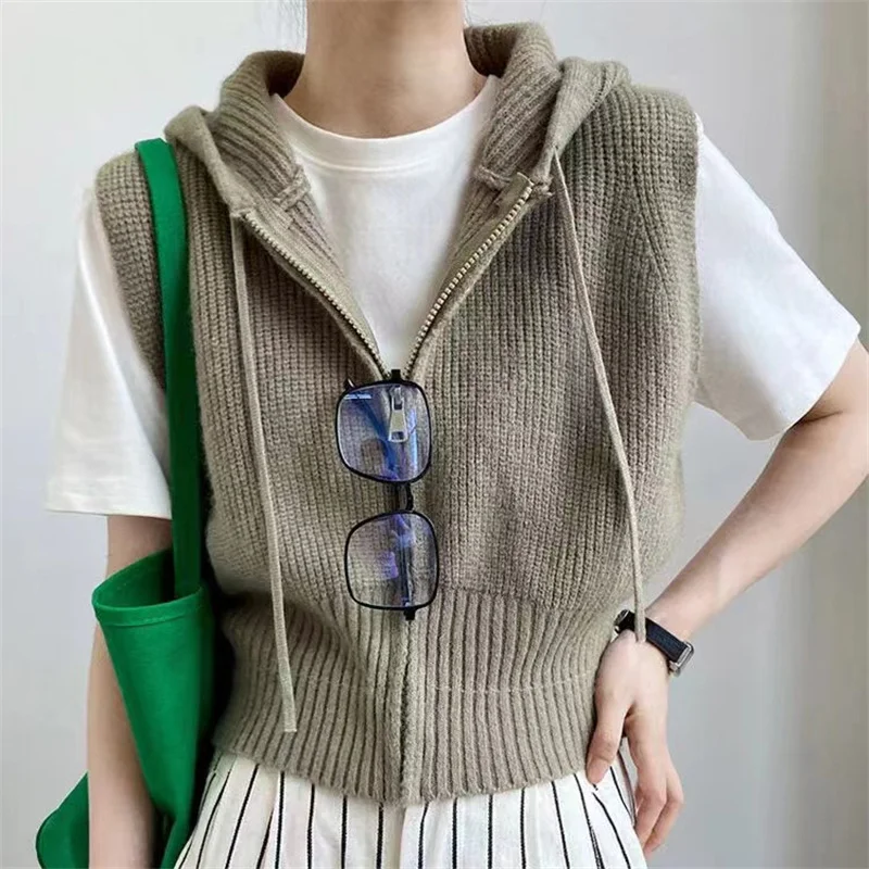 

Hooded Sleeveless Jacket Vest Spring Autumn Knitted Zipper V Neck Cardigan Tank Tops Vintage Casual New Outerwear Coat Sweaters