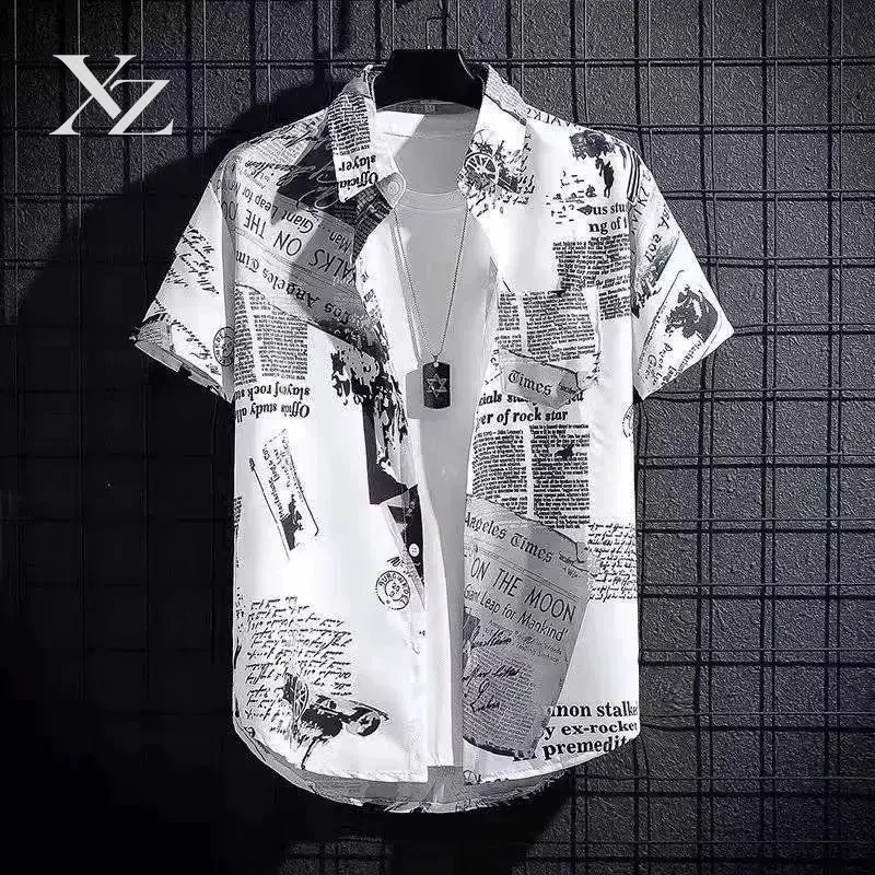 New Summer 2026 Men's Fashion Newspaper Print Short-Sleeve Shirt Trendy Casual Lapel Hawaiian Beach Top XS-6XL