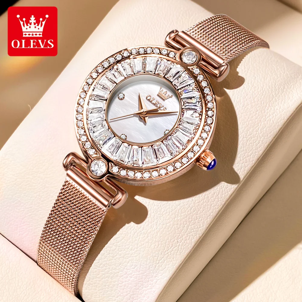 

OLEVS 2024 New Fashion Crystal Quartz Watch for Women Luxury Stainless Steel Mesh Strap Rose Gold Women Watches Relogio Feminino