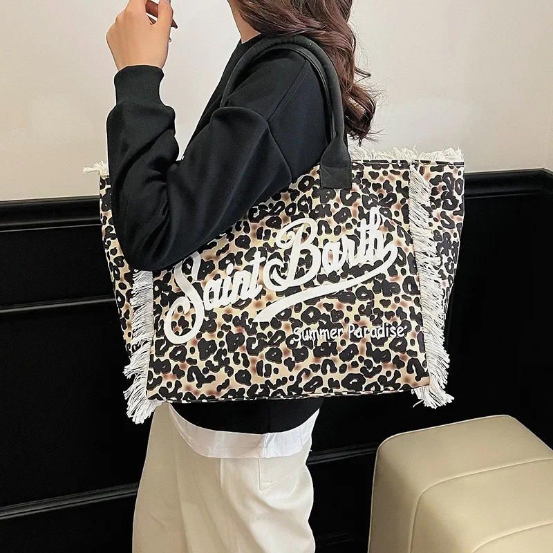 

Модная сумка-тоут с леопардовым принтом и кисточками, большая вместительная дорожная сумка на одно плечо для женщин