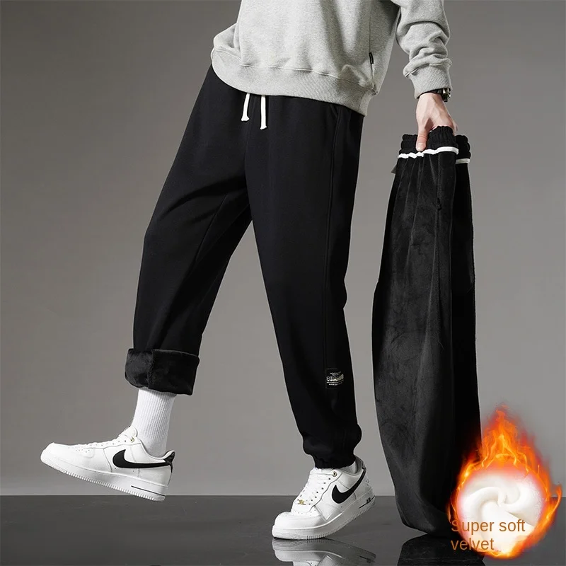 Calça jogger masculina de algodão puro, moletom casual solto, elástico na cintura, quente espesso, alta qualidade, moda, outono, inverno