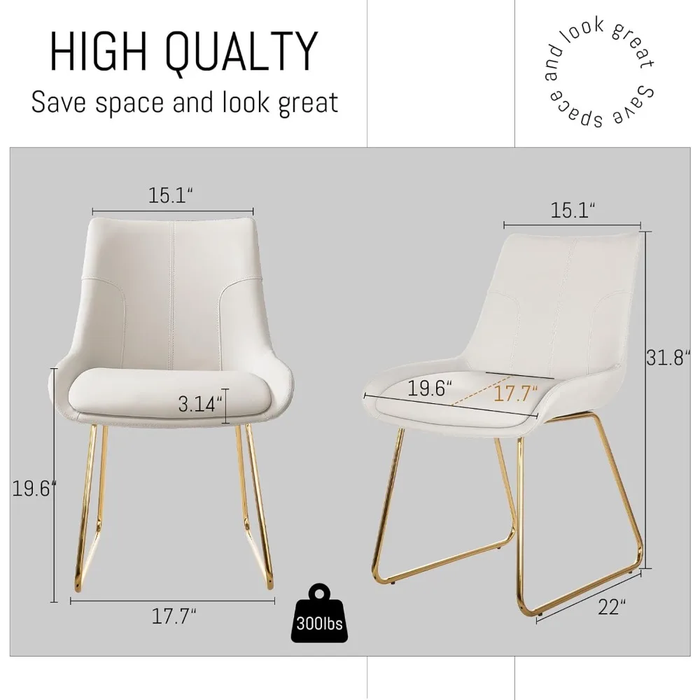 Dining Chair Set of 2 Dining Room Chair 2 Off-White with Gold Legs  Kitchen Faux Leather Chairs