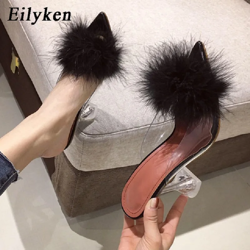 Eilyken Feather Fur PVC Transparent High Heels Woman Slippers Pointed Toe Mules Lady Pumps Slides Stripper White Shoes