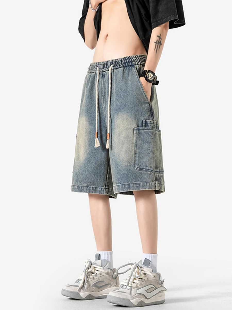 

American Retro Washed Workwear Jeans Shorts Men Summer Trendy High Street Loose Straight Large Size Half-Length Mid-Pants