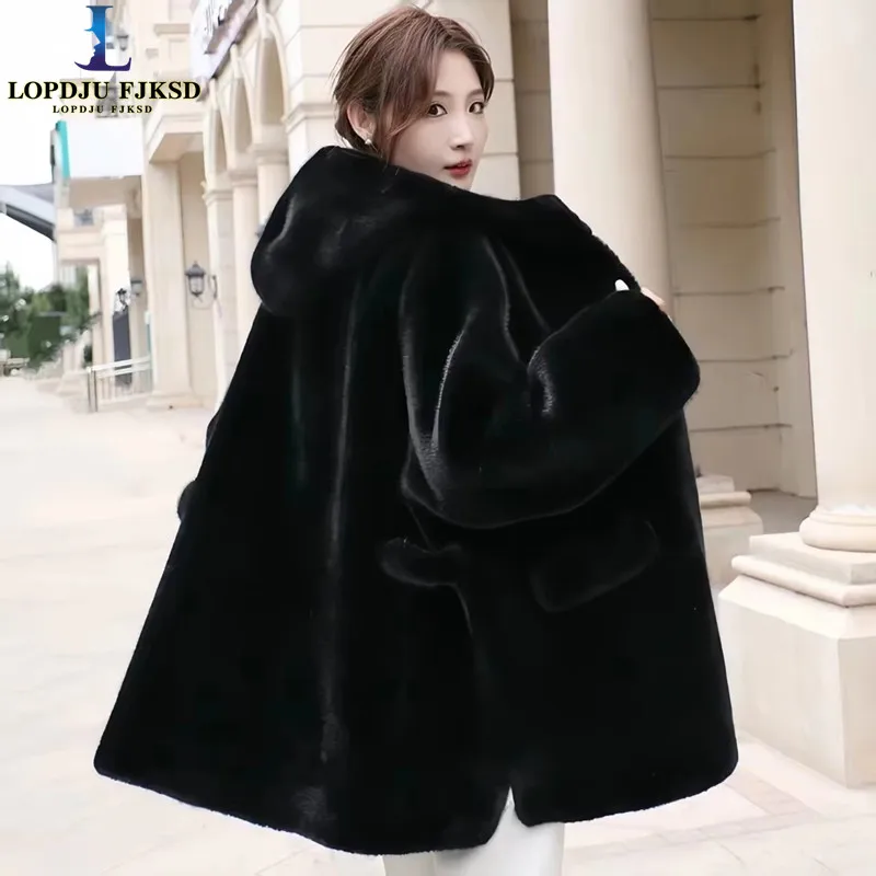 New Faux Mink Fur Coat for Women,Covered Button Jacket,Korean Outwear,Hooded,Thick ,Autumn and Winter,2026