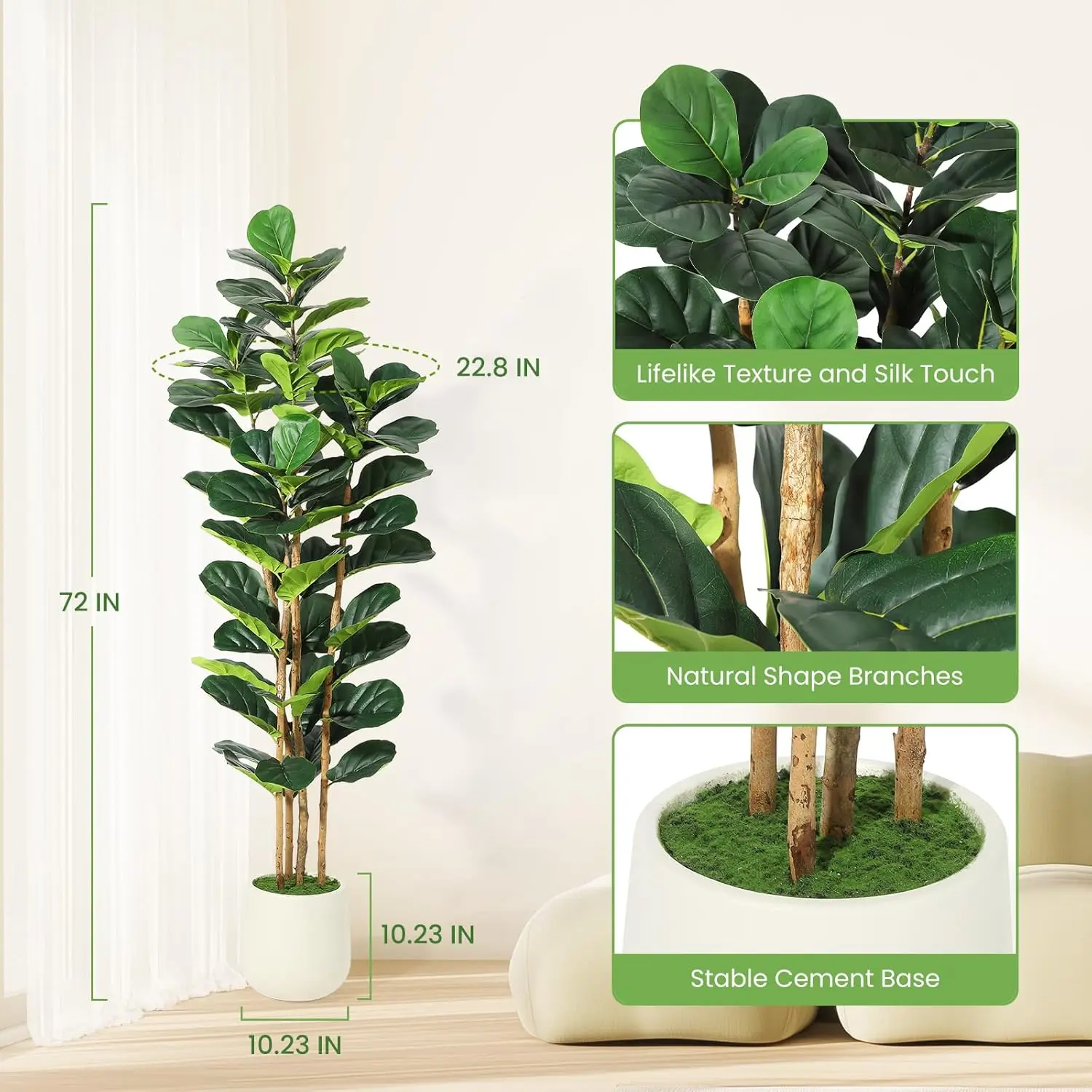 Faux Fiddle Leaf Fig Tree with White Pot, Faux Trees， with Artificial Plants  Fiddle Leaves Greenery - Lifelike Tree