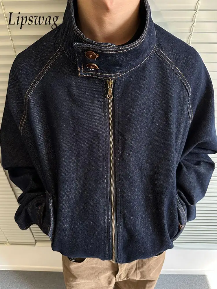 

Стильная мужская джинсовая куртка на молнии с воротником-стойкой, уличная одежда, винтажная однотонная джинсовая верхняя одежда, мужские весенне-осенние новые повседневные пальто