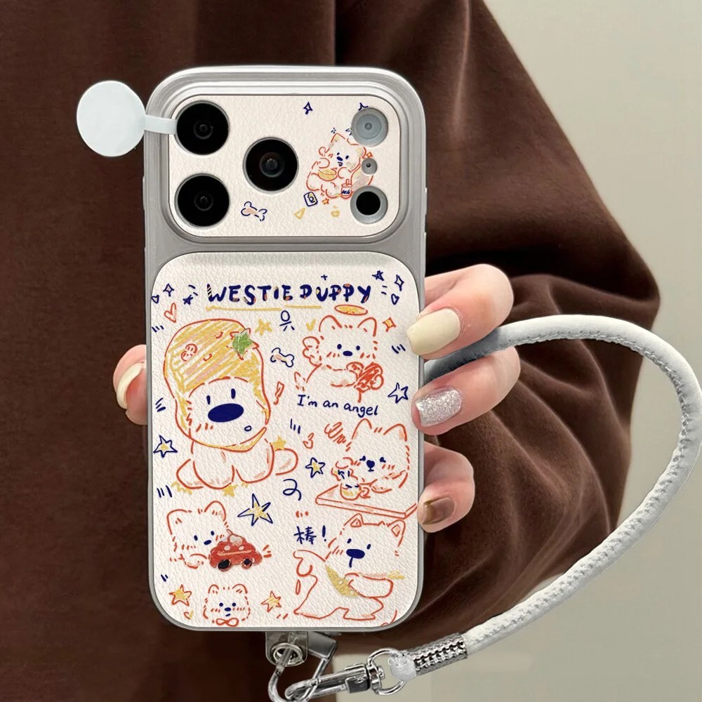 Graffiti-Welpen-Leder-Handyhülle für iPhone 17 Pro Max 16 14 15 11 13 12 Weiche Silikon-Stoßfeste Schutzhülle mit Trageband