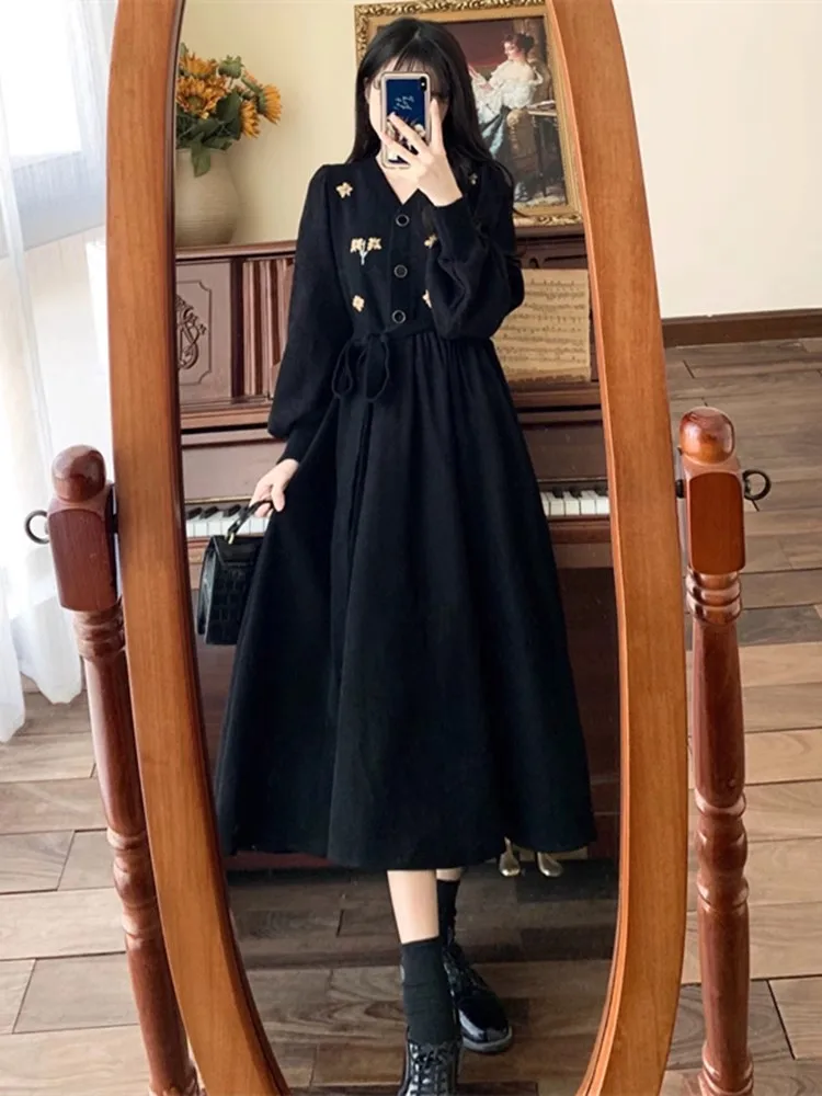 Fall Faion Long Slimming Hepburn Sle Bla Dr Women's High Waist A-Line Skirt Ele Dr Casual V-Ne Long Sve