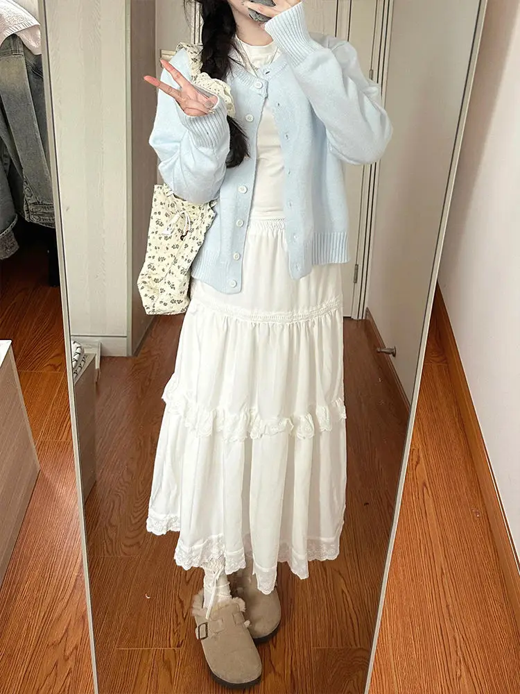 Heavy Lace White Skirt Female Early Autumn and Winter Long Chic High Waist A-line Skirt Cake Skirt Little Man.