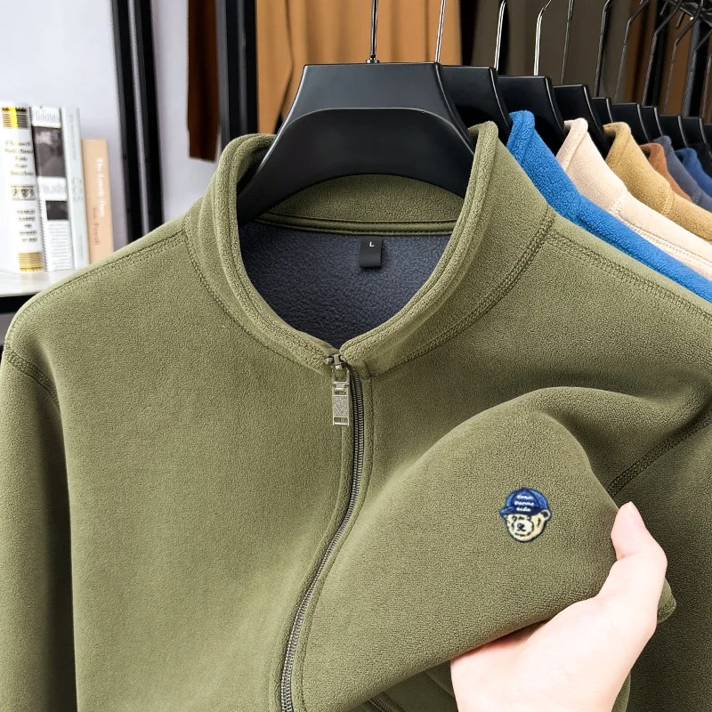 Luxury mens brand bear head embroidered zipper cardigan for autumn winter new velvet warm and comfortable stand up collar jacket